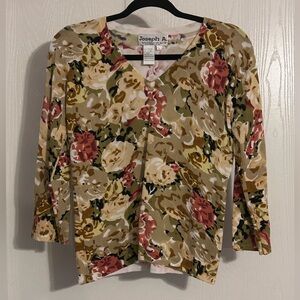 Joseph A Floral V-Neck Blouse - Red, Tan, Cream